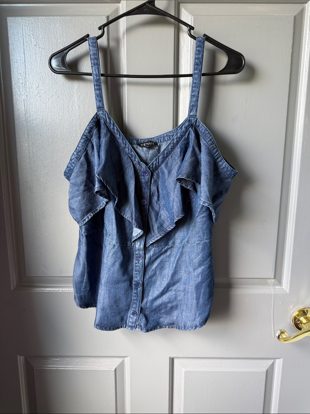 VENUS Light Blue Denim Ruffle Button-Front Cami